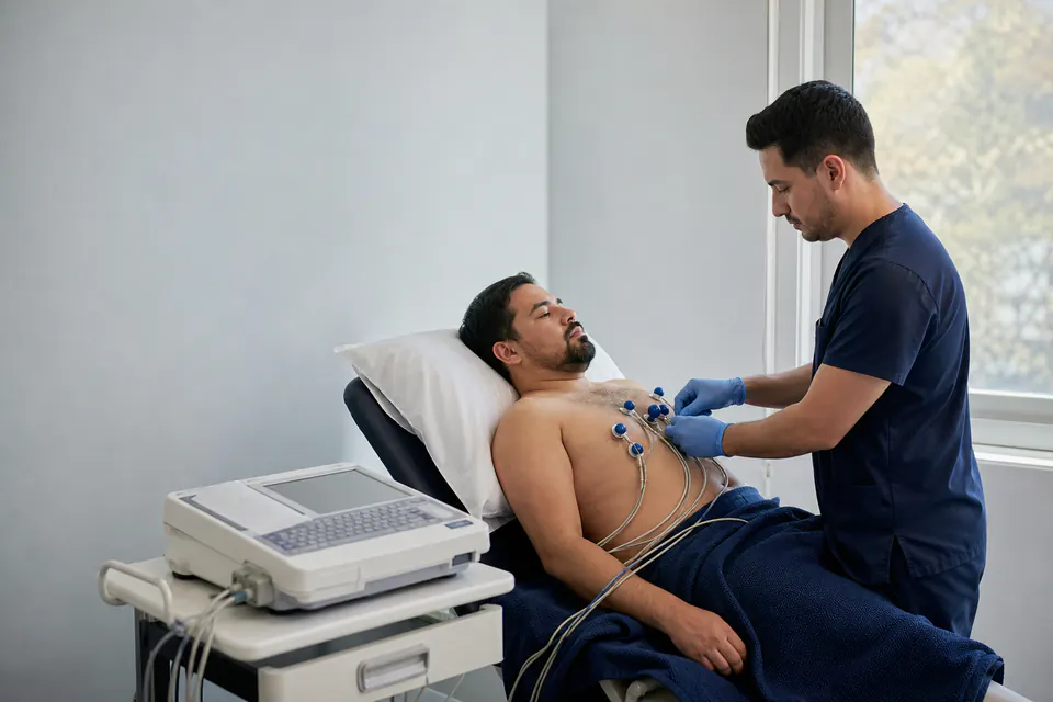 Profesional de salud realizando un electrocardiograma a un paciente adulto