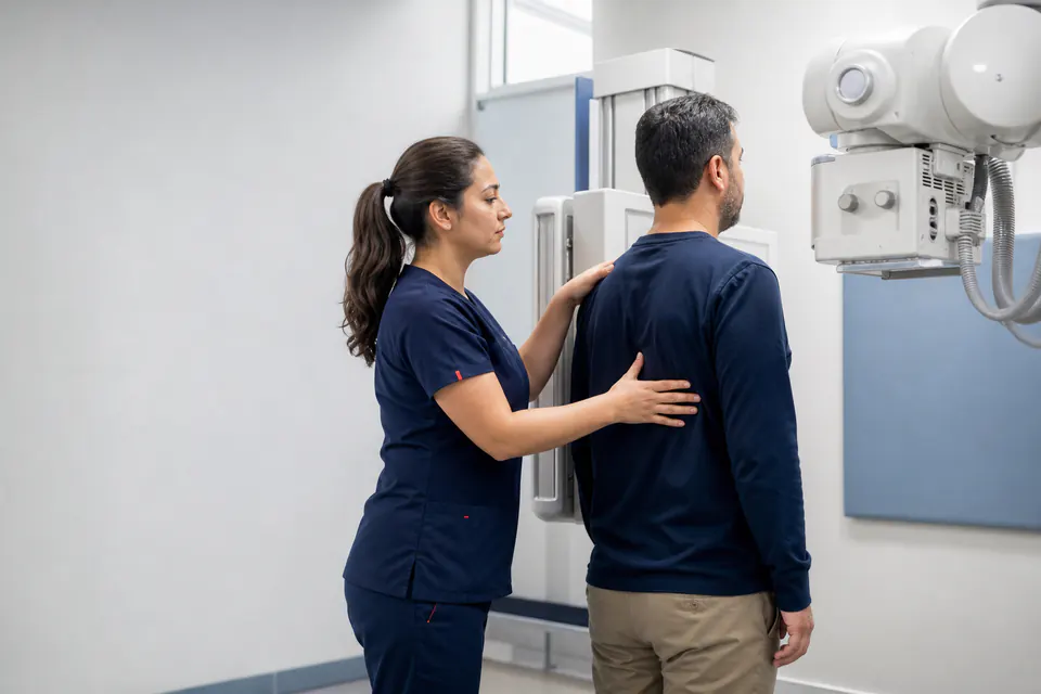 Tecnóloga médica posicionando a un paciente para una radiografía
