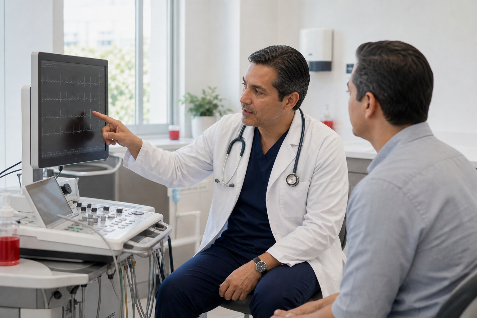 Cardiólogo conversando con un paciente adulto durante una consulta presencial