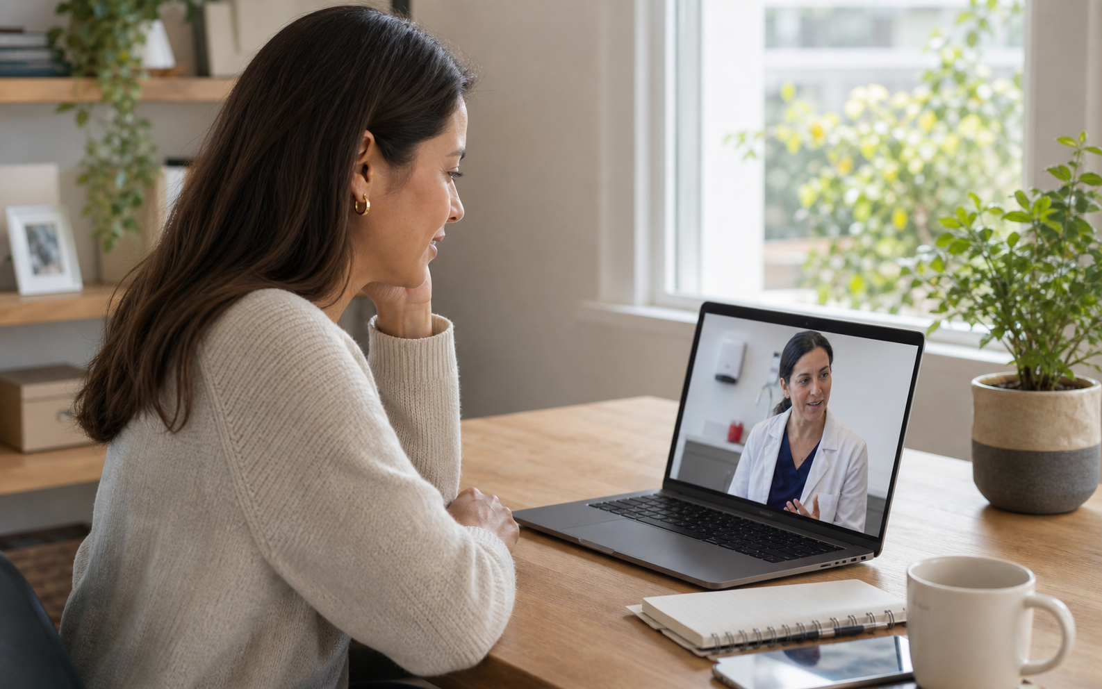 Paciente adulta participando en una consulta médica online desde su hogar